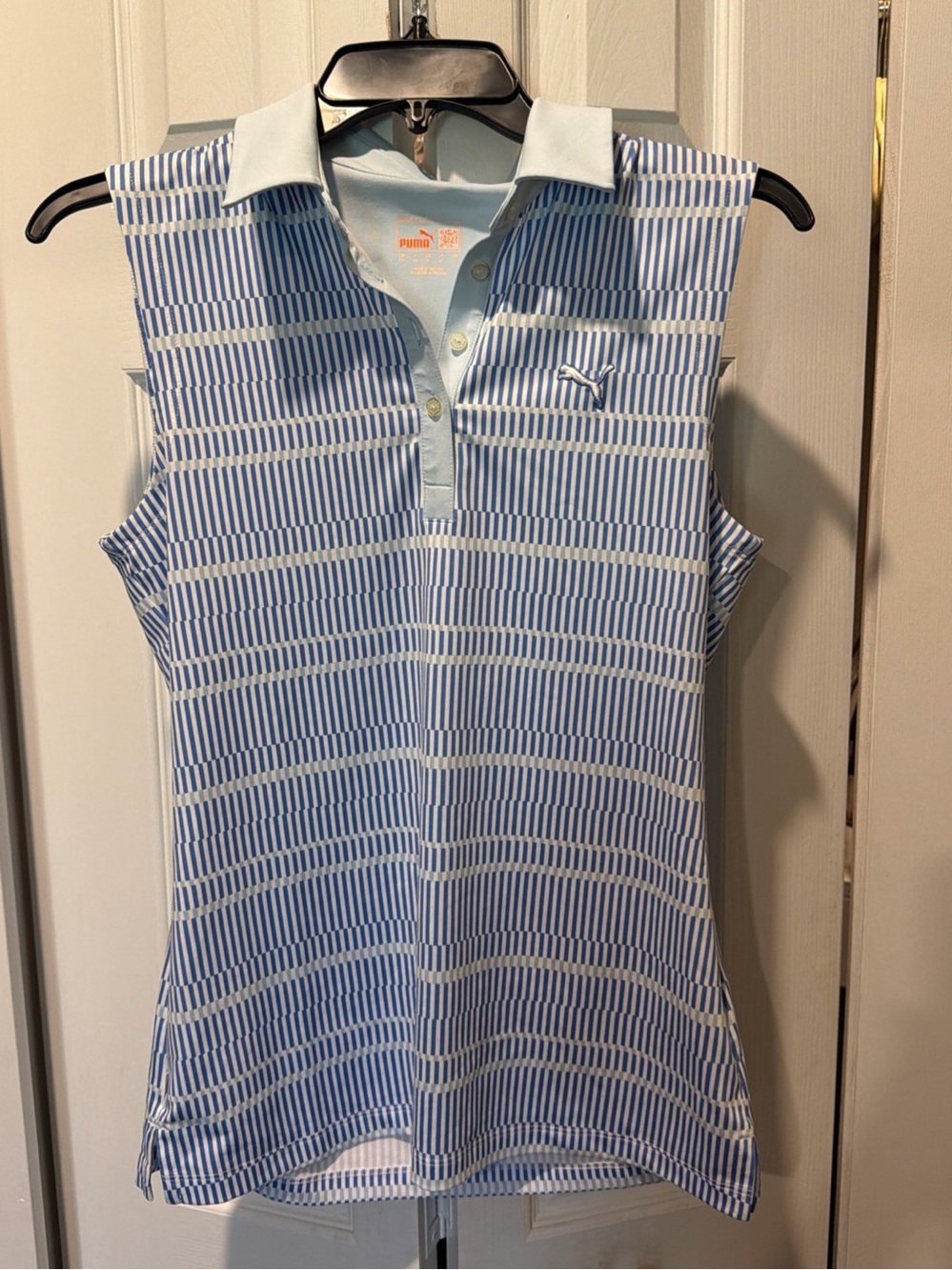 Puma Light Blue & White Striped Sleeveless Polo Tank